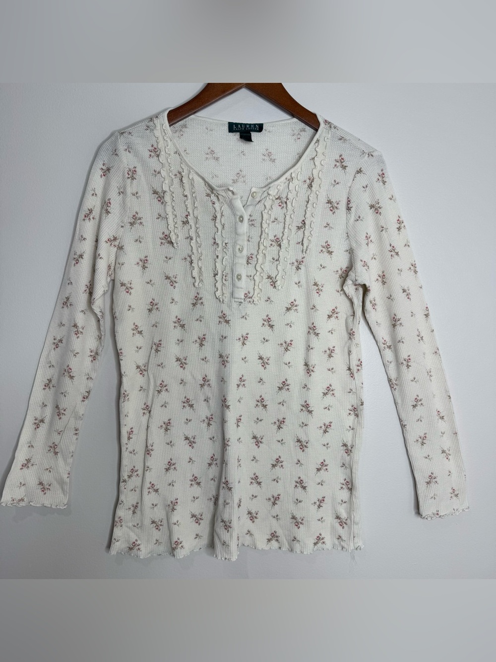 Y2K Lauren Ralph Lauren Ditsy Floral Waffle Henley Thermal Ruffle Cottage Top M